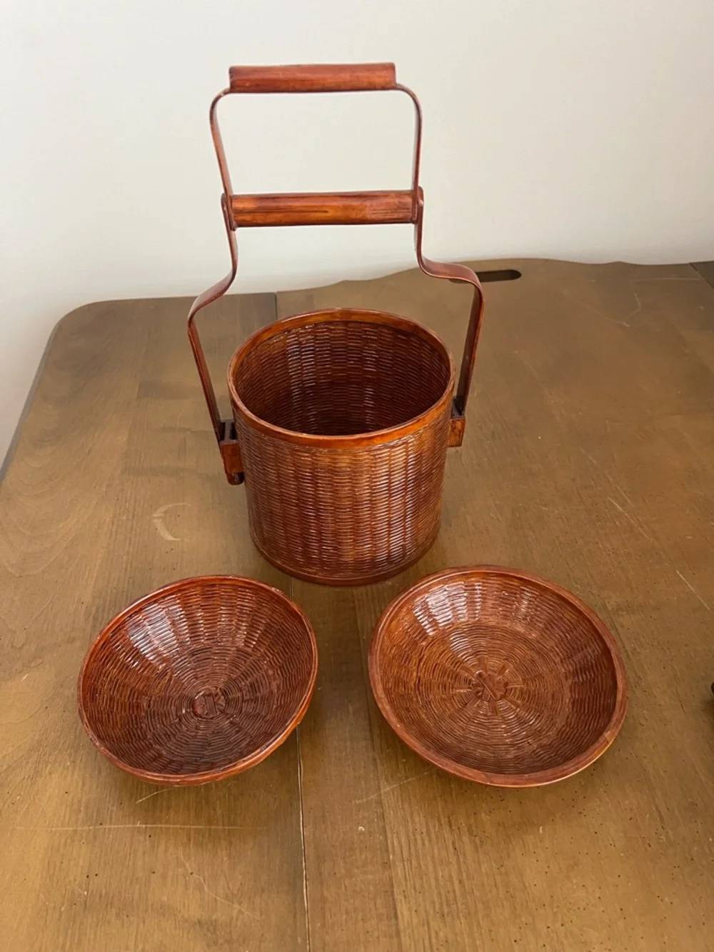 Vintage Handcrafted‎ Chinese two-tiered bamboo & rattan lidded lunchbox